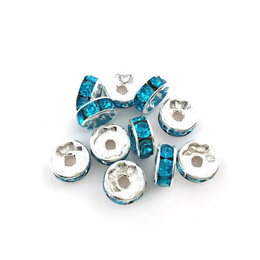Spacers with Silver Color Metal and Turquoise Color Rhinestone, 10mm