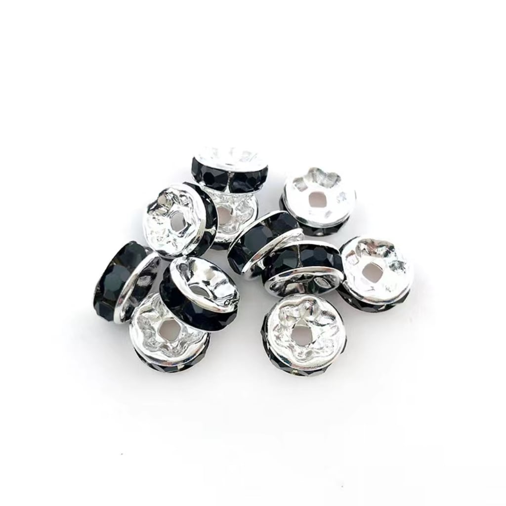 Spacers with Silver Color Metal and Black Color Rhinestone, 10mm