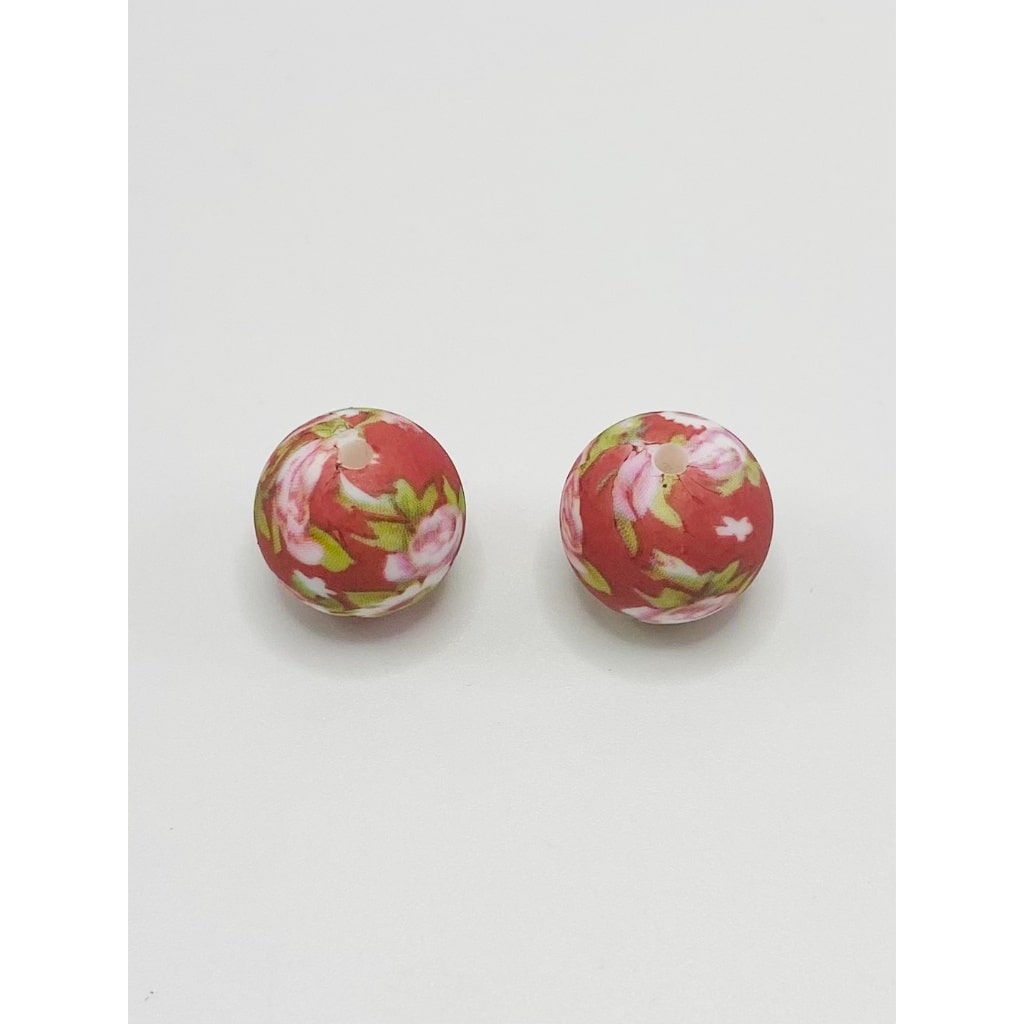 Pink Flower Printed on Red Silicone Beads Number 300