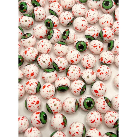 Eyeball Beads with Blood Splatter, Scary Eyes Printed Silicone Beads