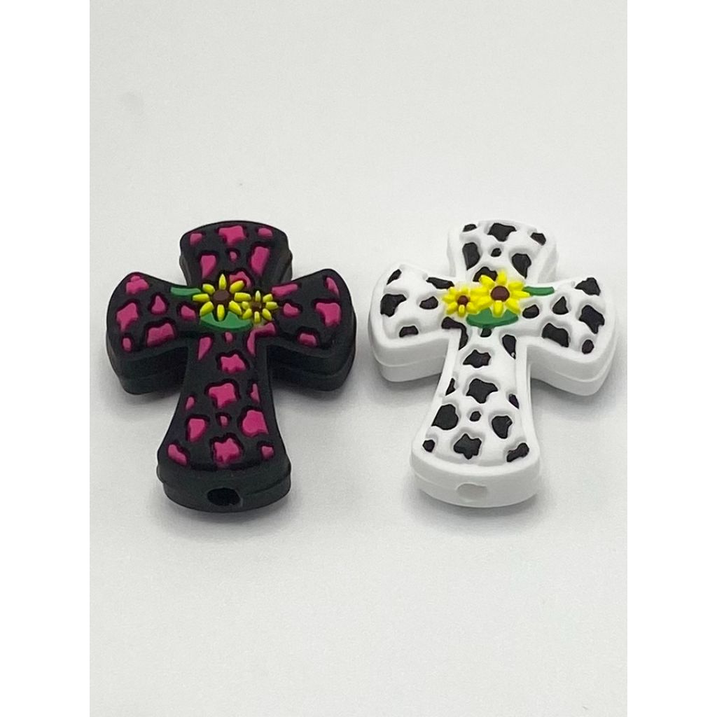 Cross with Sunflower Cow Print Silicone Focal Beads