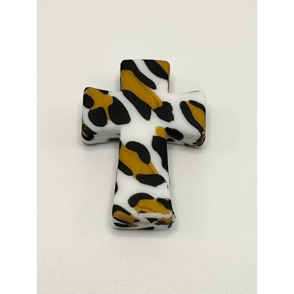 Leopard Printed Cross Brown Black White Silicone Focal Beads
