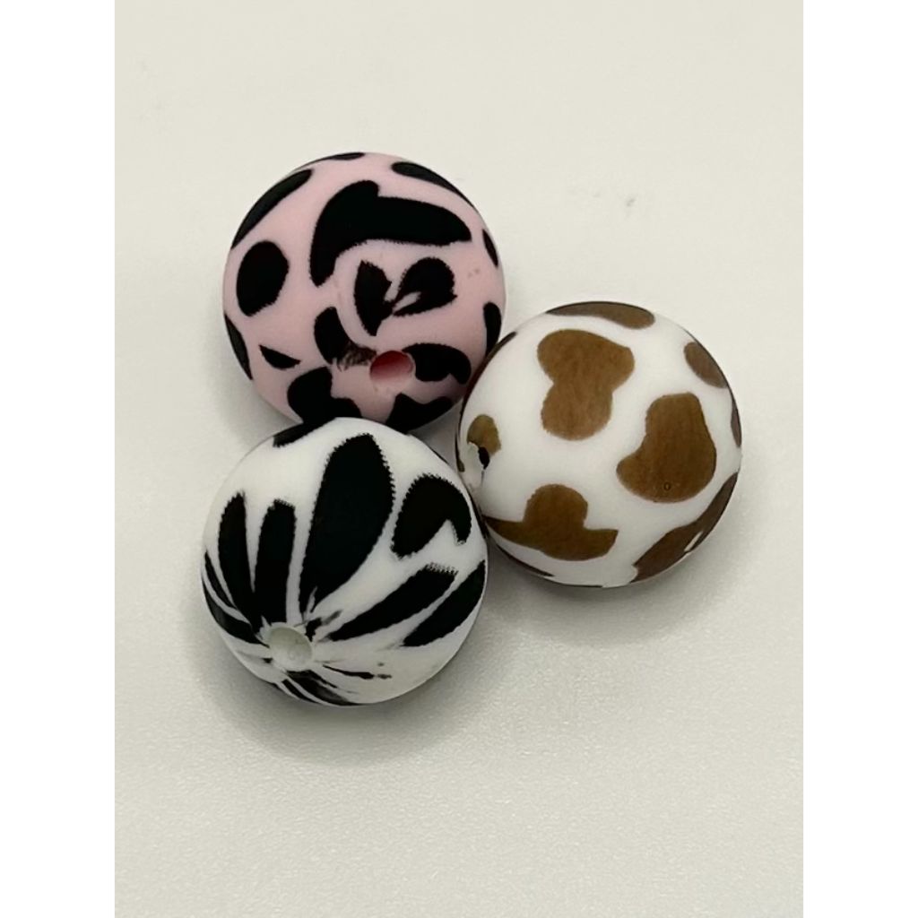 Cow Printed Silicone Beads, Random Mix 15mm