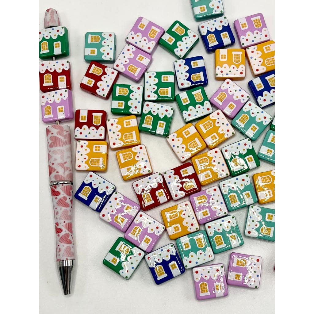 Square Cube House Acrylic Beads with Snow & Spot, Random Mix Color, SB