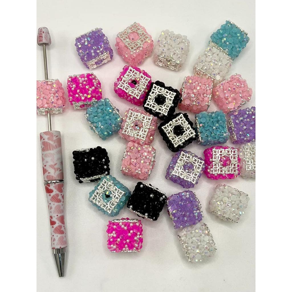 Square Cube Sugar Beads with Silver Alloy, Random Mix Color, MG