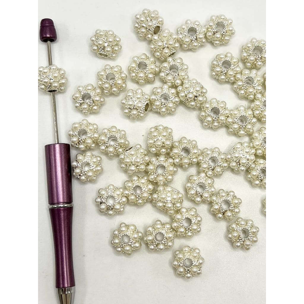 Silver Color Alloy Beads with White Pearl, 14mm, HD