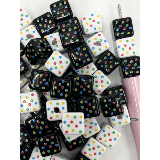 White & Black Square Cubes Acrylic Beads with Colorful Spot Spots, 14mm, SB