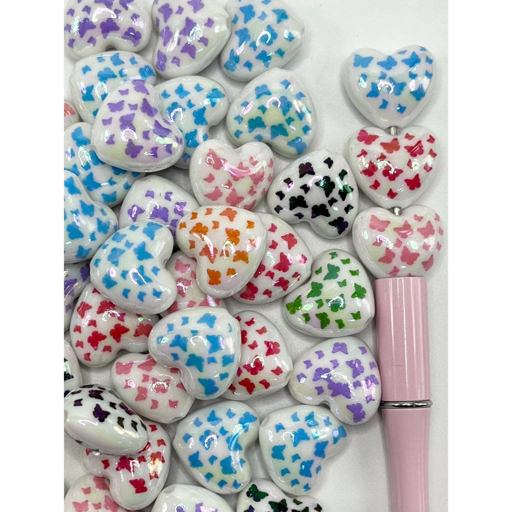 White Heart Acrylic Beads with Butterfly, 19mm by 22mm, WQ