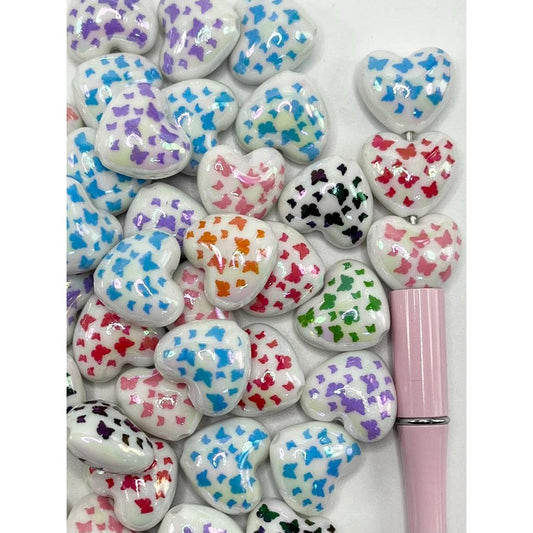 White Heart Acrylic Beads with Butterfly, 19mm by 22mm, WQ