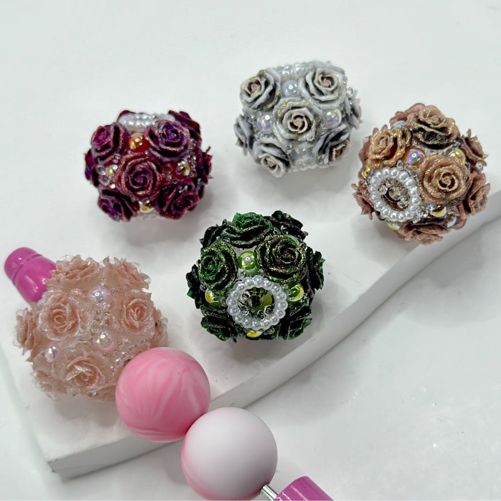 Mini Beaded Roses Delicate Bling Bling Mini Rose Flower Cute Pearls Round Sugar Acrylic ...