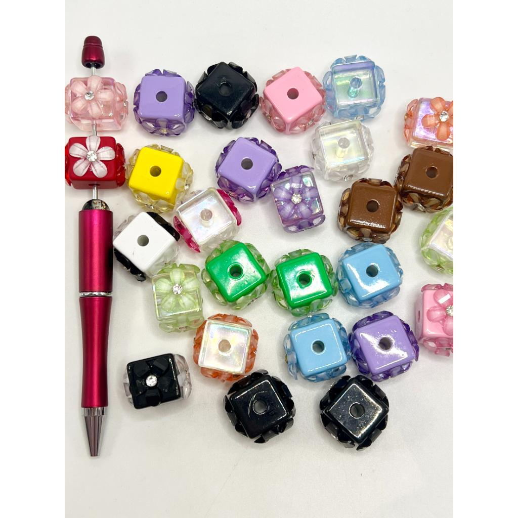 Square Cube Acrylic Beads with Small Flowers, Rhinestones & Flat Back Pearls, 16mm
