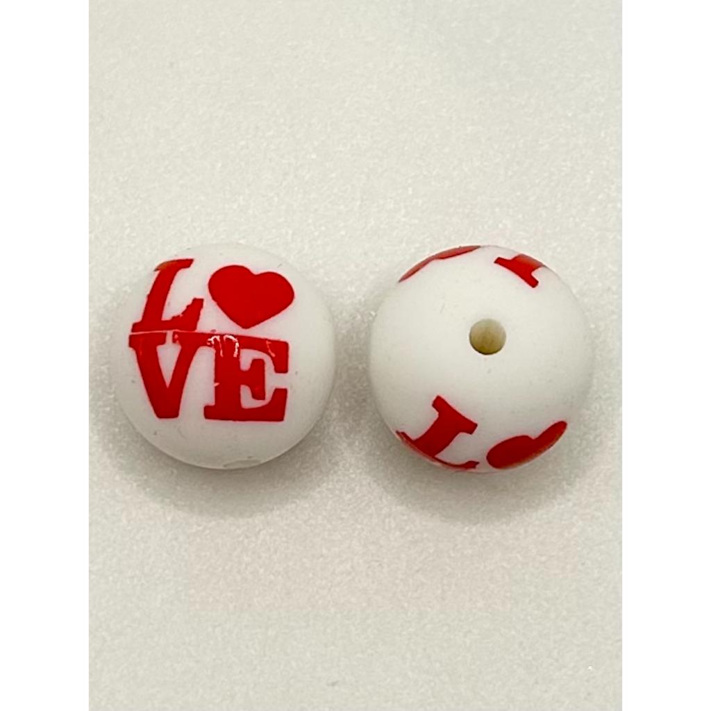 White Beads with Red Love Letter Printed Silicone Beads, 15mm