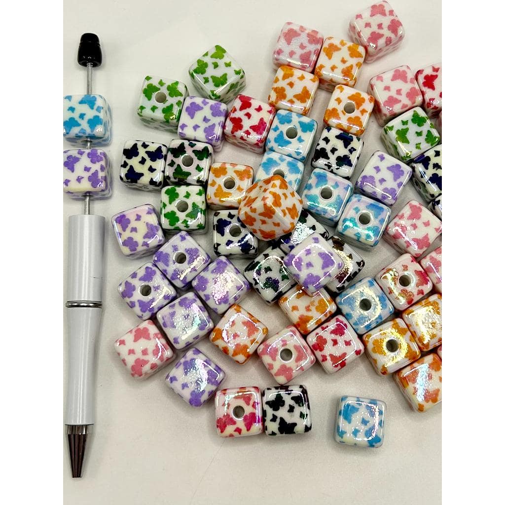 White Square Cube Acrylic Beads with Butterfly, 14mm, WQ