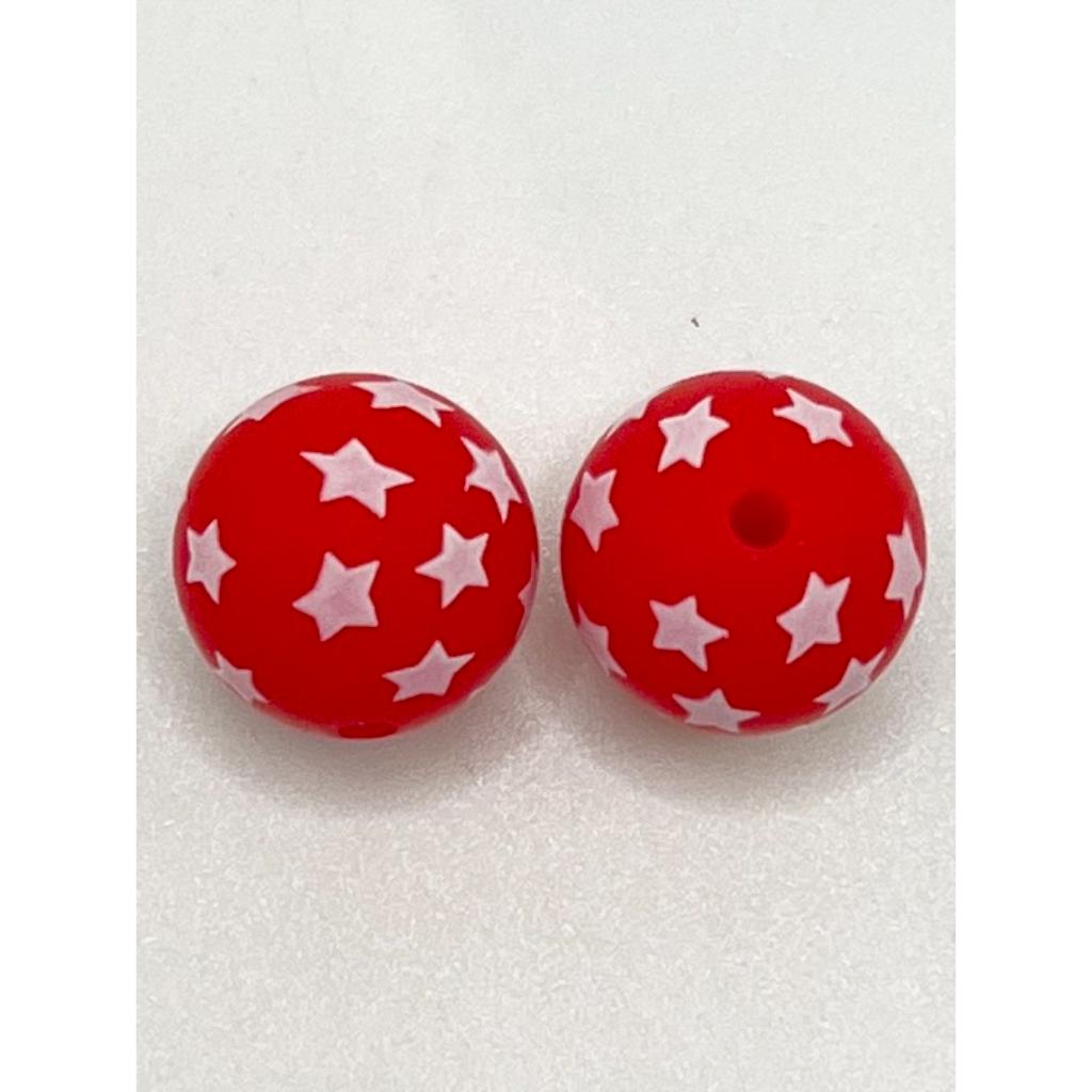 Red Beads with White Star Printed Silicone Beads, 15mm