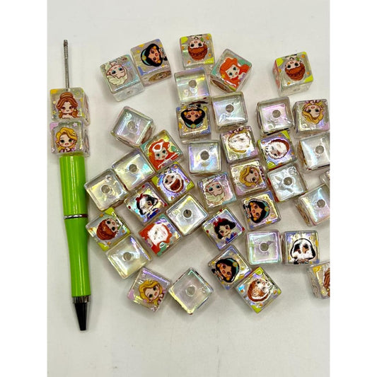See Thru Square Cube Acrylic Beads with Different Princess, Four Sided, 16mm, UV Finish, XY