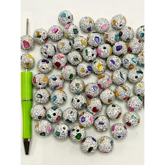 White Clay Beads Decorated with Rhinestones, Round Shape, Size 16mm, ZY