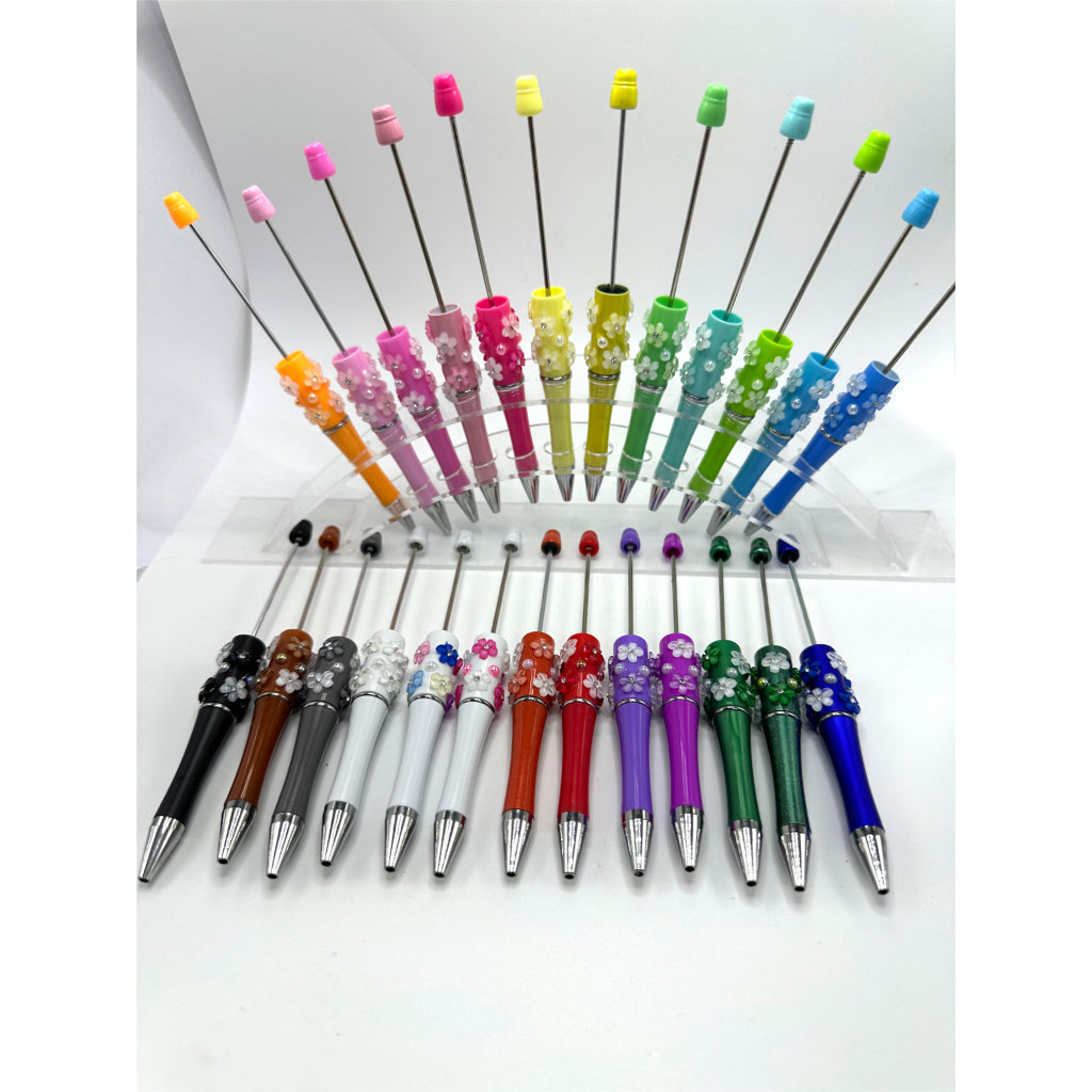Beaded Pens in Solid Colors with Acrylic Flower and Clear Rhinestone