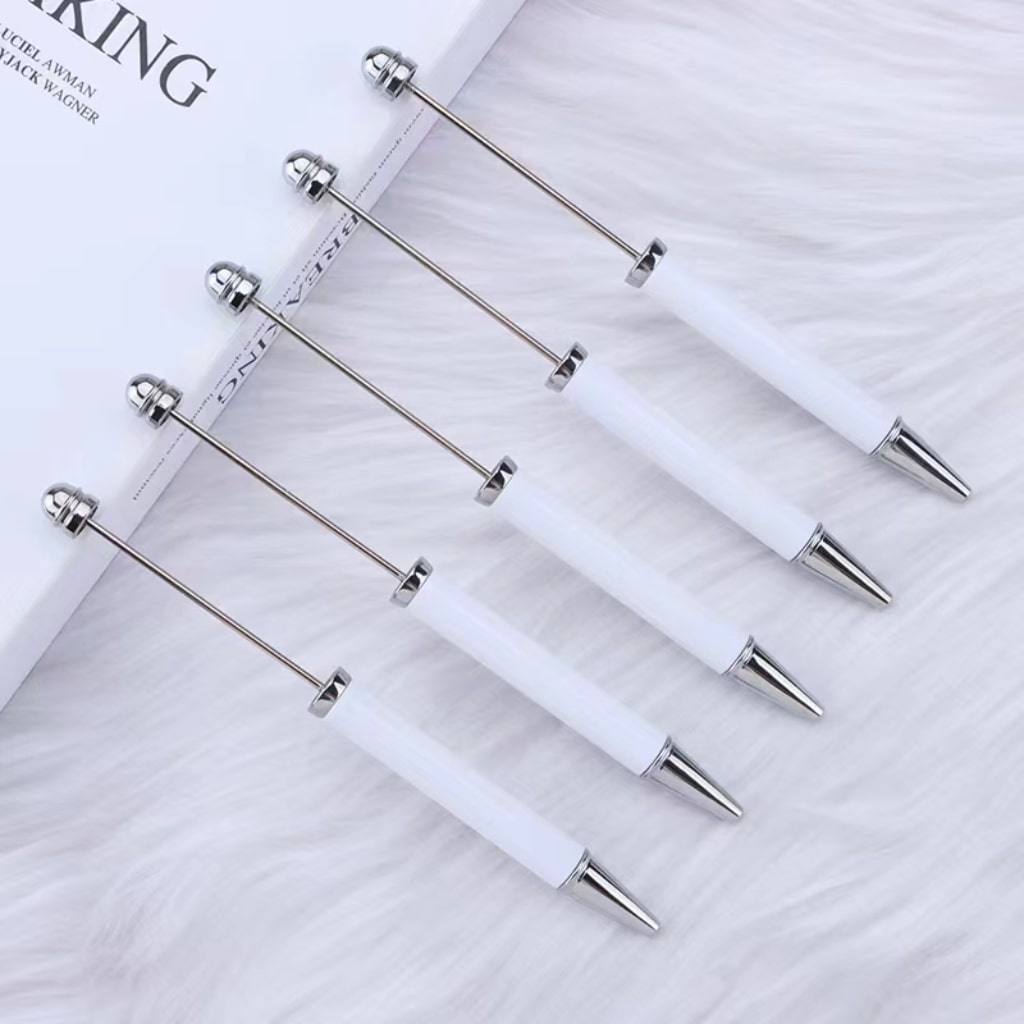 DIY Beadable Pens that can be Decorated with Pen Wraps and Beads, White-Silver Color