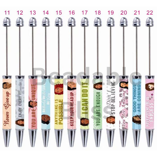 気の利いた言葉と女の子のプリントが入った DIY プラスチックビーズペン、ランダムミックス