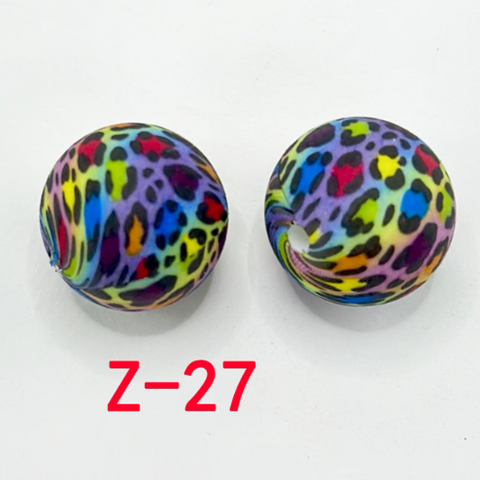 Multi-Color Patterns with Small Black Spots Round Printed Silicone Beads 15mm, Number Z-27