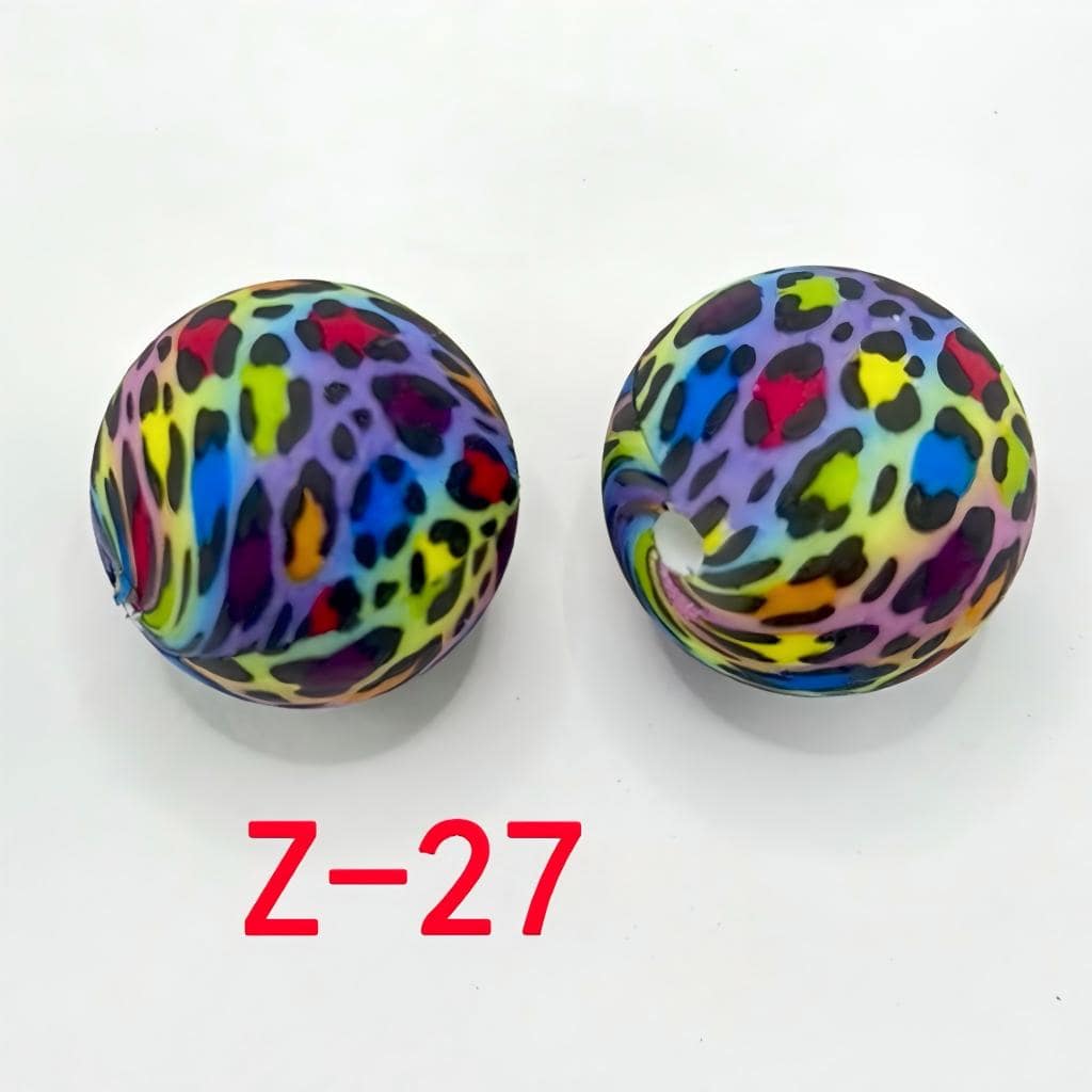 小さな黒い斑点のあるマルチカラーパターンの丸型プリントシリコンビーズ 15mm、番号 Z-27