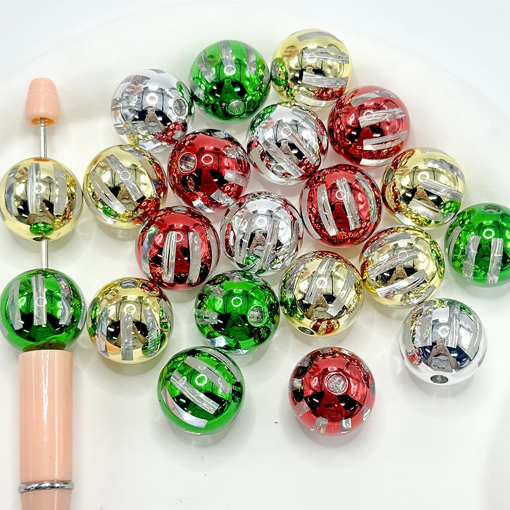 Christmas Clear Acrylic Beads with Metallic Color Vertical Stripes Outside, Random Mix, 20MM