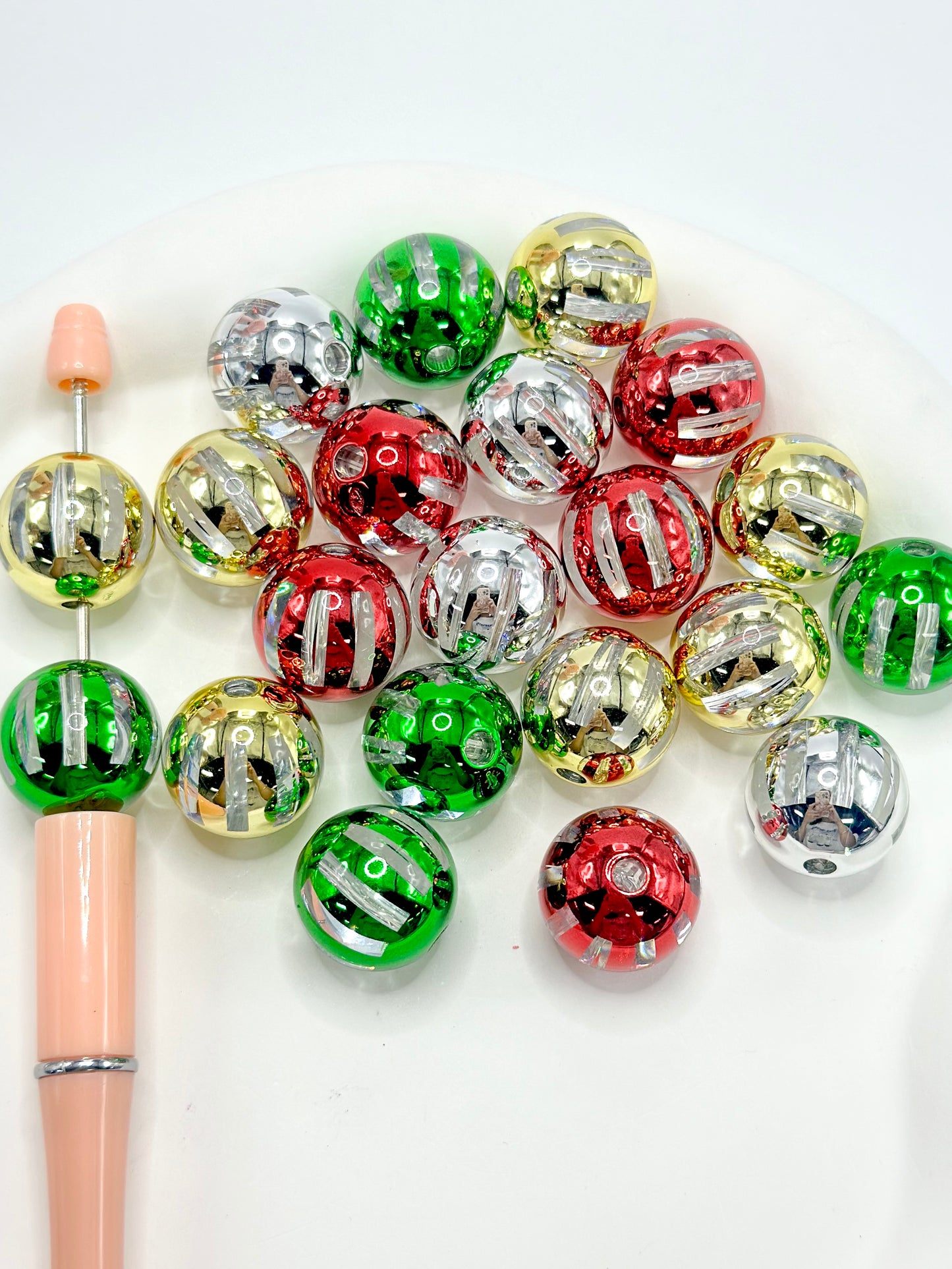 Christmas Clear Acrylic Beads with Metallic Color Vertical Stripes Outside, Random Mix, 20MM