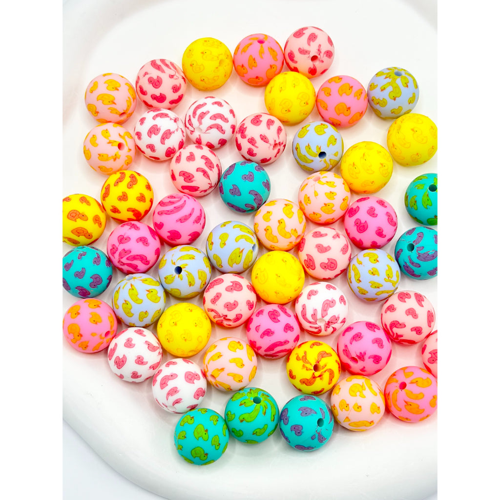 Beadable Patterns Little Cute Duckling Pattern Mixed Round Printed Silicone Beads 15mm ...