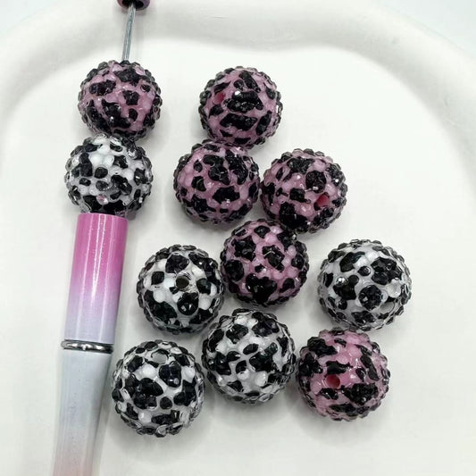 Cow Printed Acrylic Beads with Clear Acrylic Rhinestone, 20MM