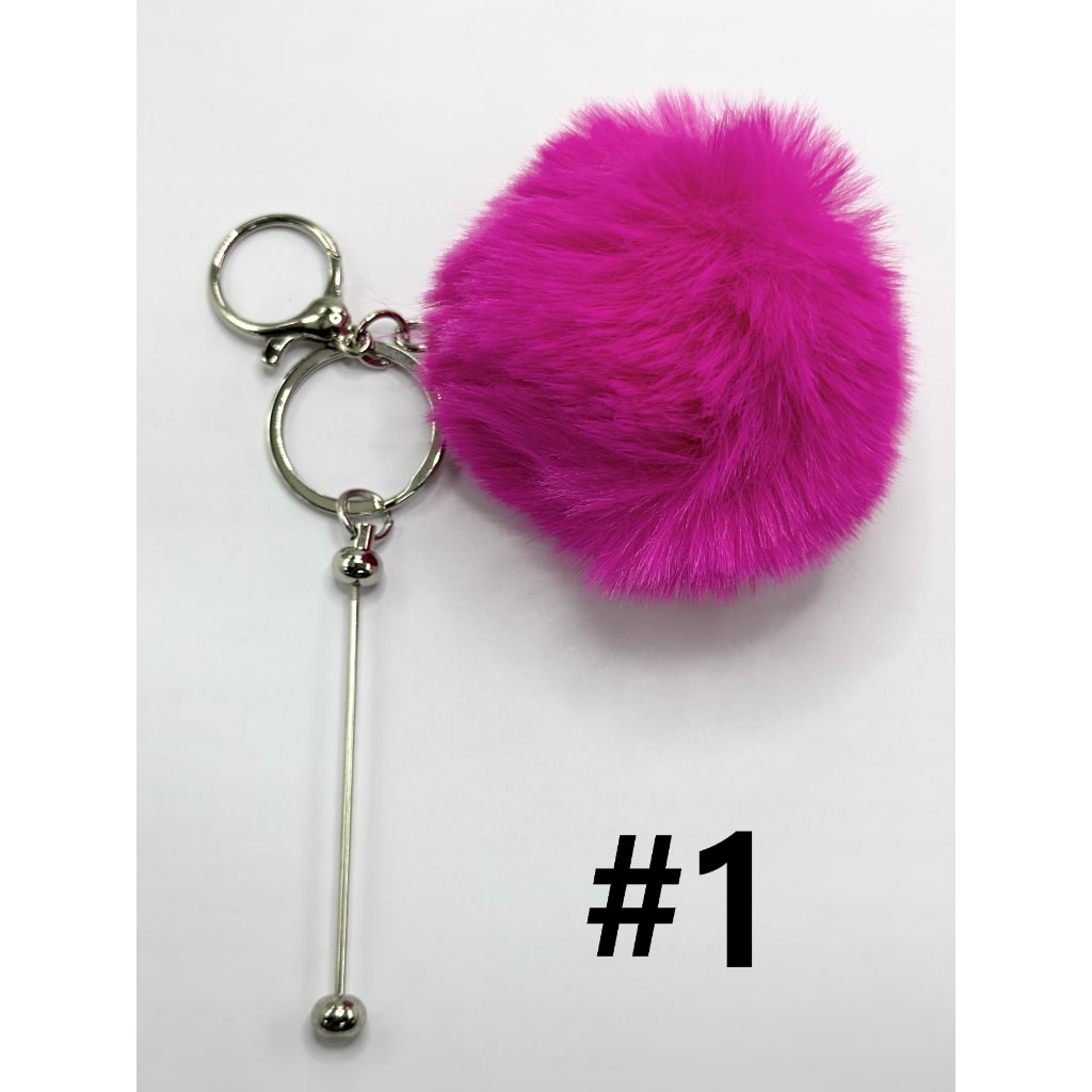 8CM Fluffy Pom Pom Balls with Metal Beadable Keychain with Bar and Lobster Clasp