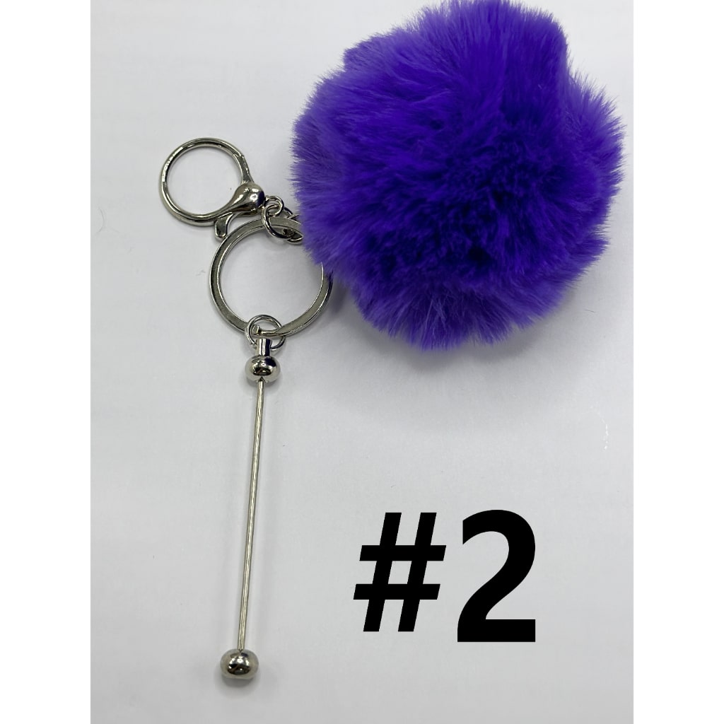 8CM Fluffy Pom Pom Balls with Metal Beadable Keychain with Bar and Lobster Clasp