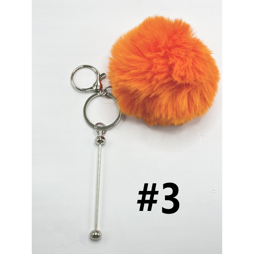 8CM Fluffy Pom Pom Balls with Metal Beadable Keychain with Bar and Lobster Clasp