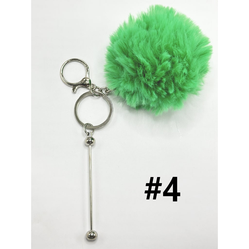 8CM Fluffy Pom Pom Balls with Metal Beadable Keychain with Bar and Lobster Clasp