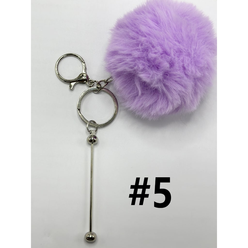8CM Fluffy Pom Pom Balls with Metal Beadable Keychain with Bar and Lobster Clasp