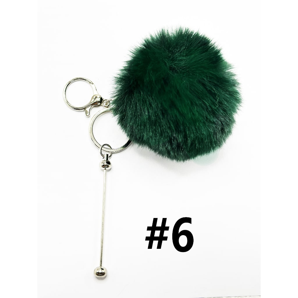 8CM Fluffy Pom Pom Balls with Metal Beadable Keychain with Bar and Lobster Clasp