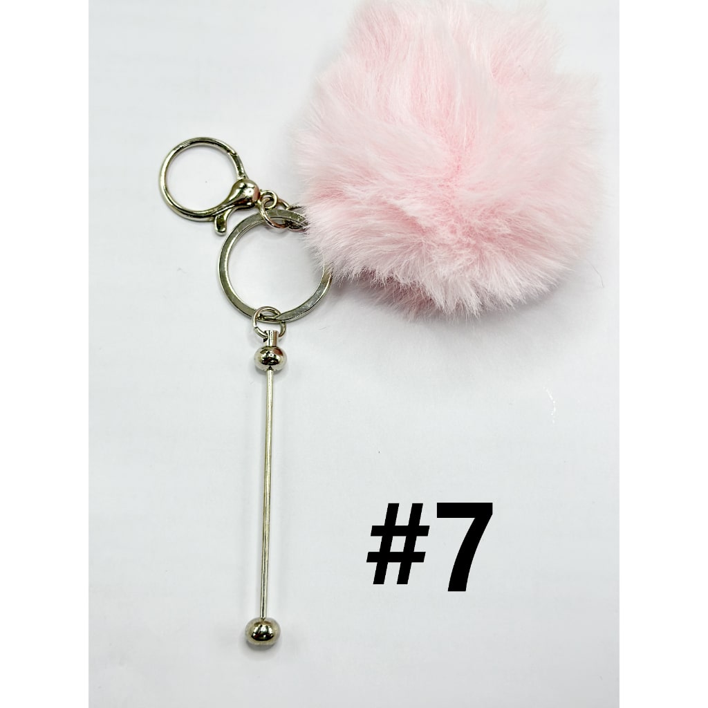 8CM Fluffy Pom Pom Balls with Metal Beadable Keychain with Bar and Lobster Clasp