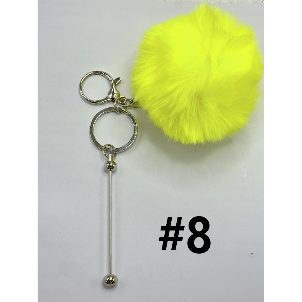 8CM Fluffy Pom Pom Balls with Metal Beadable Keychain with Bar and Lobster Clasp