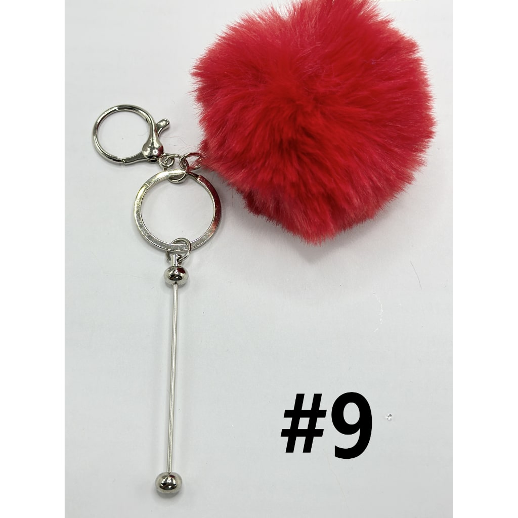 8CM Fluffy Pom Pom Balls with Metal Beadable Keychain with Bar and Lobster Clasp