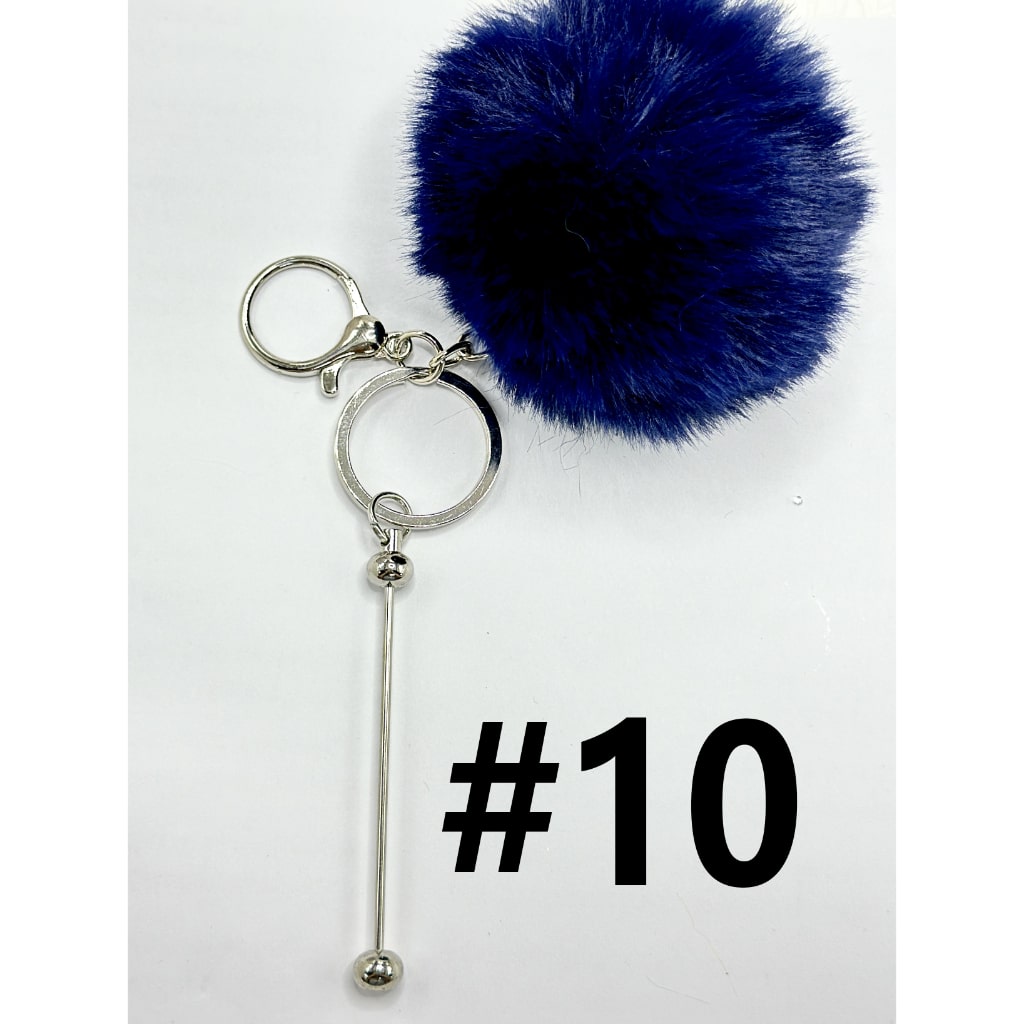 8CM Fluffy Pom Pom Balls with Metal Beadable Keychain with Bar and Lobster Clasp