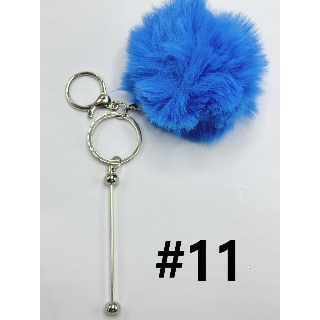 8CM Fluffy Pom Pom Balls with Metal Beadable Keychain with Bar and Lobster Clasp