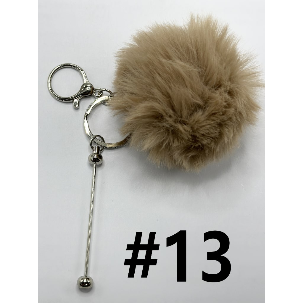 8CM Fluffy Pom Pom Balls with Metal Beadable Keychain with Bar and Lobster Clasp