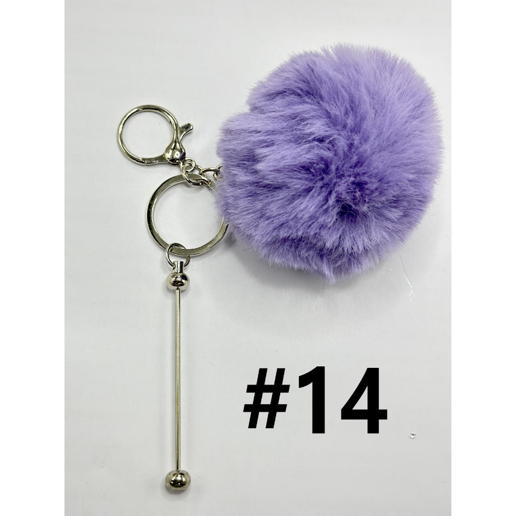 8CM Fluffy Pom Pom Balls with Metal Beadable Keychain with Bar and Lobster Clasp