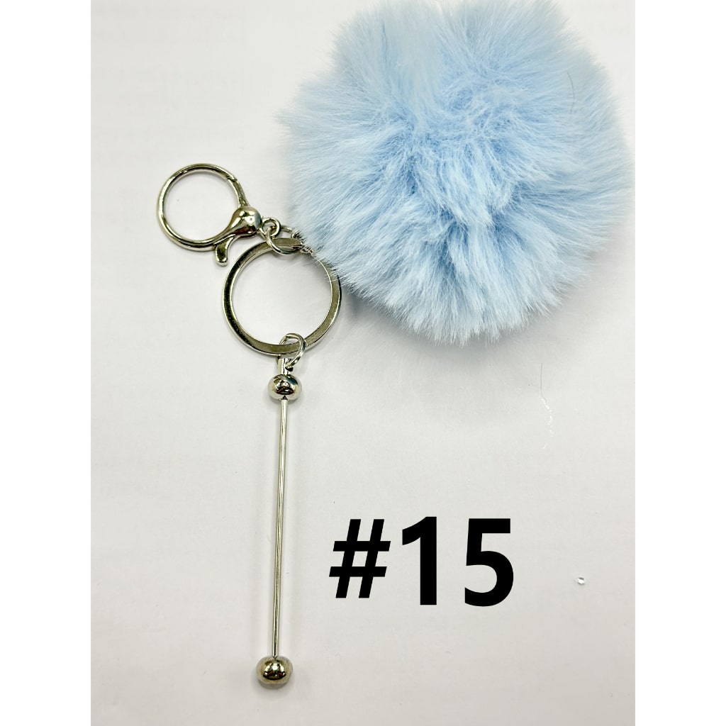 8CM Fluffy Pom Pom Balls with Metal Beadable Keychain with Bar and Lobster Clasp