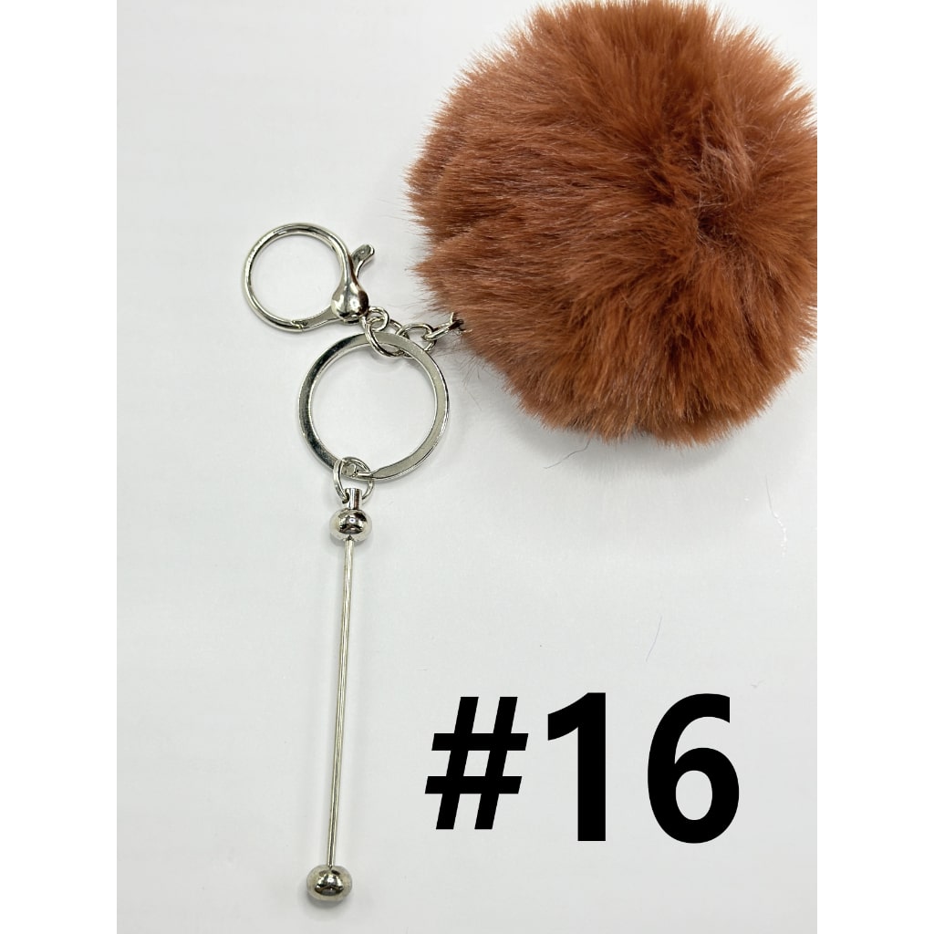 8CM Fluffy Pom Pom Balls with Metal Beadable Keychain with Bar and Lobster Clasp
