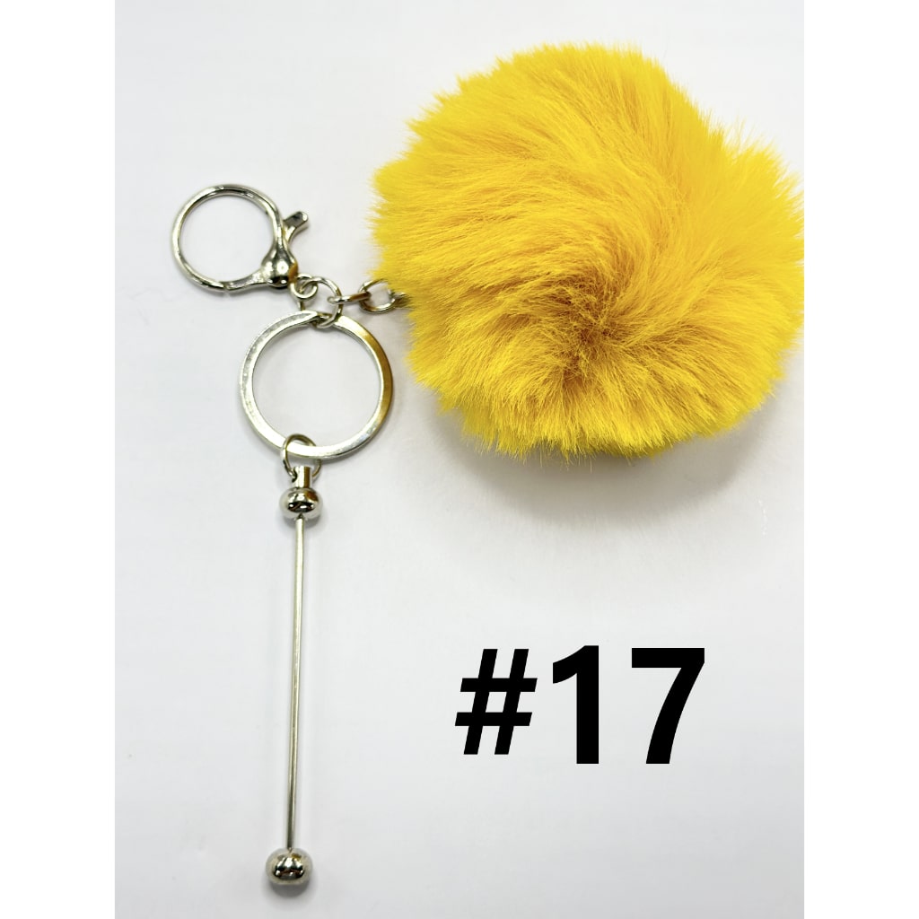 8CM Fluffy Pom Pom Balls with Metal Beadable Keychain with Bar and Lobster Clasp