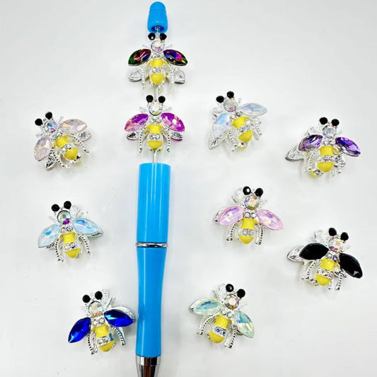 キラキラ輝くシルバー合金の小さなかわいい蜂と光沢のあるラインストーンアクリルビーズ、ランダムミックス、約20×22MM