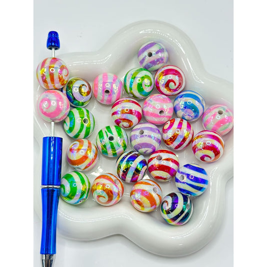 UV Finish Swirl Spiral Fringes Stripes Round Acrylic Beads, Random Mix, 20MM