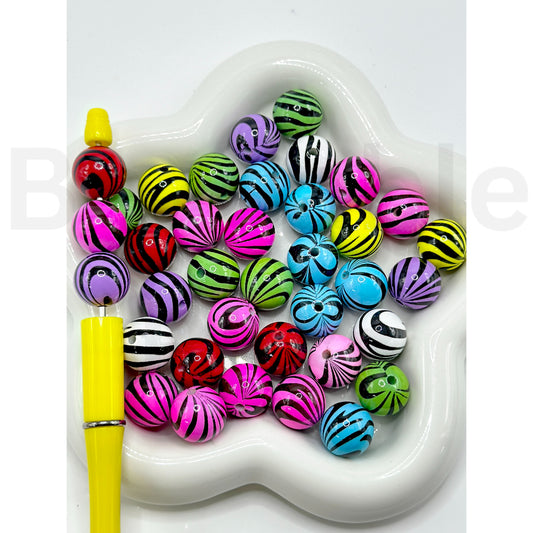 Solid Color Round Acrylic Beads with Black Tiger Stripes, Random Mix, 16MM