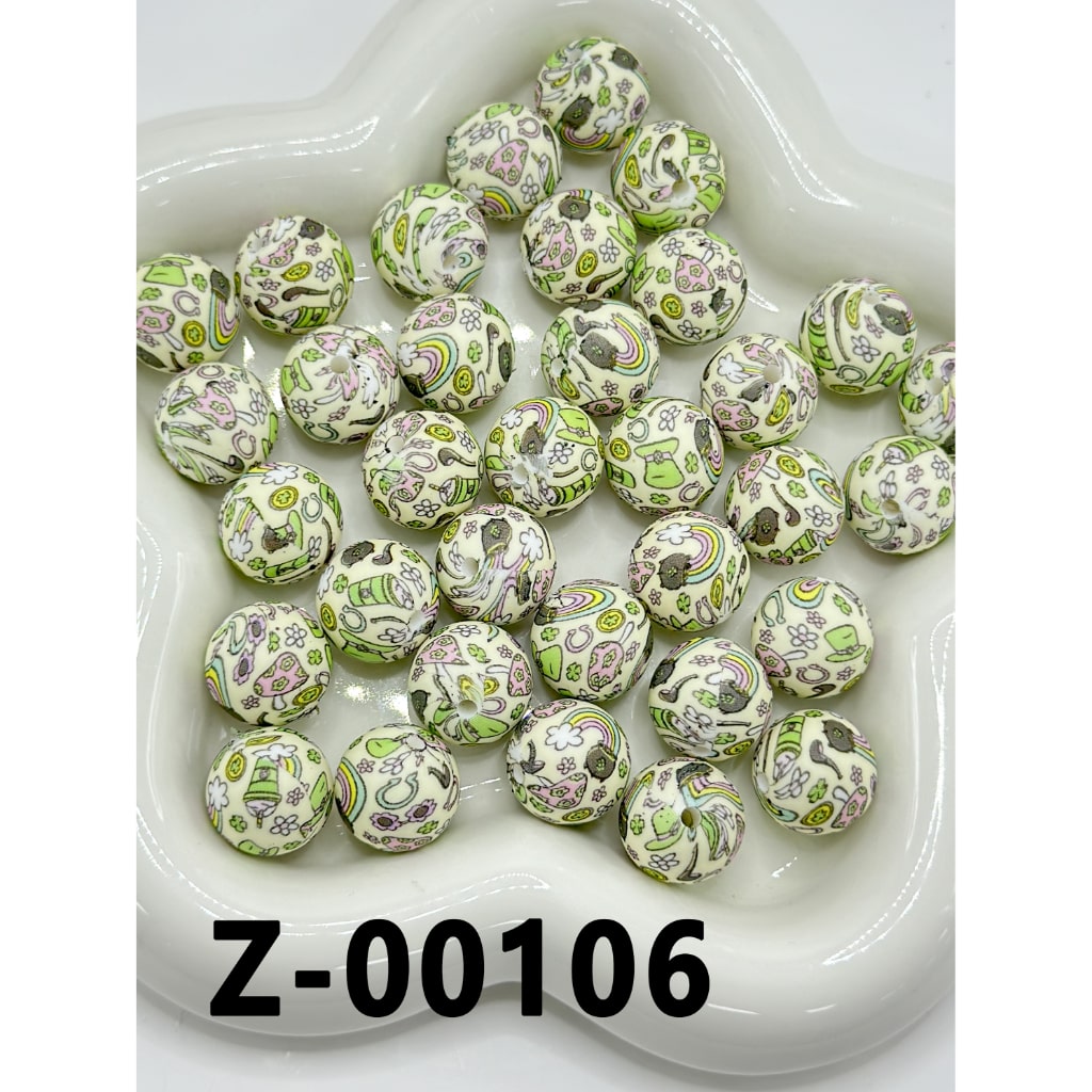 レインボーツリー、葉、花、キノコ、帽子、丸型プリントシリコンビーズ 15mm、番号 Z-00106