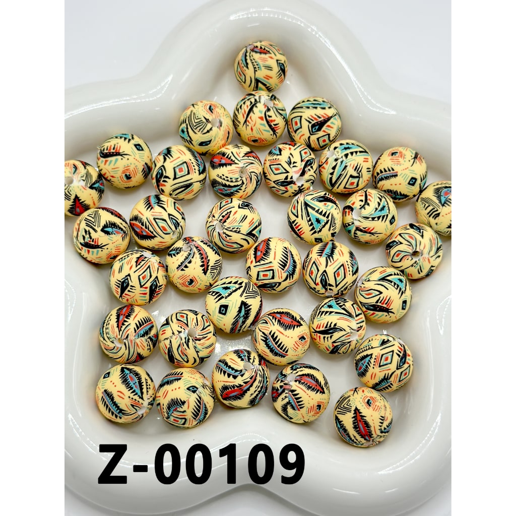 Tribal Fishbone Pattern Light Yellow Round Printed Silicone Beads 15mm ...